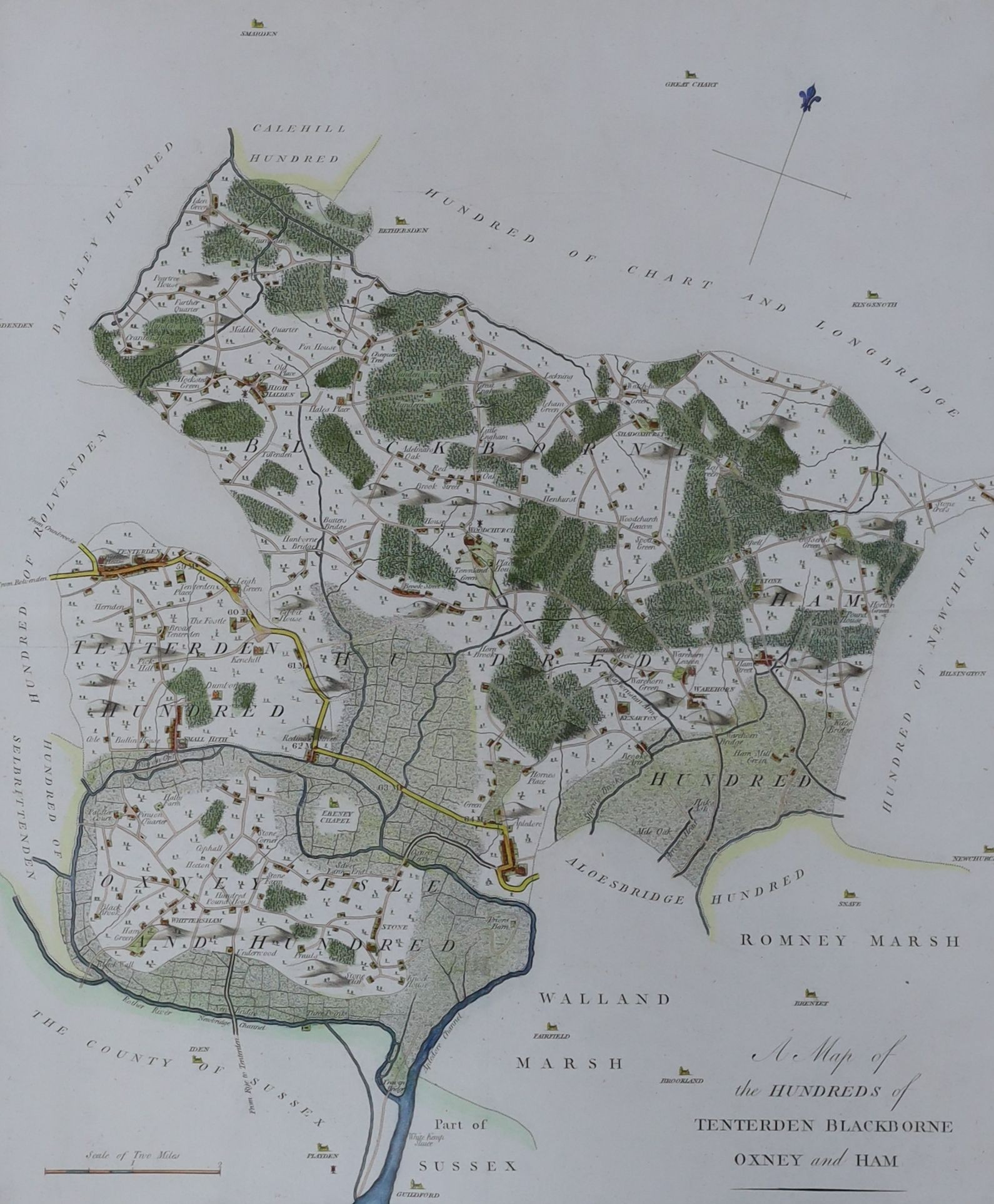 Two 19th century hand coloured steel engraved maps, The Hundreds of Tenterden, Blackborne, Oxney and Ham, and The Hundreds of Cale Hill and Chart and Longbridge, largest 46 x 38cm, with a reprinted map of Sussex